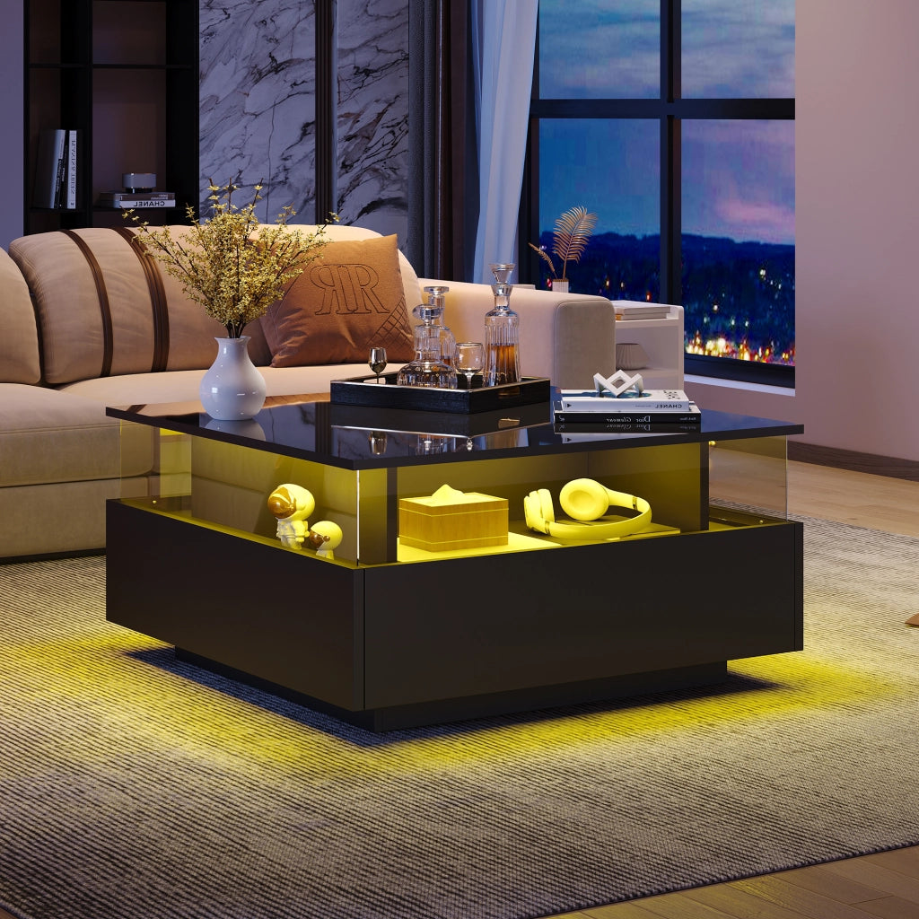 Tavolino basso con 2 cassetti, LED e vano espositivo trasparente per soggiorno, in pannello truciolare, nero, 70 × 70 × 41 cm