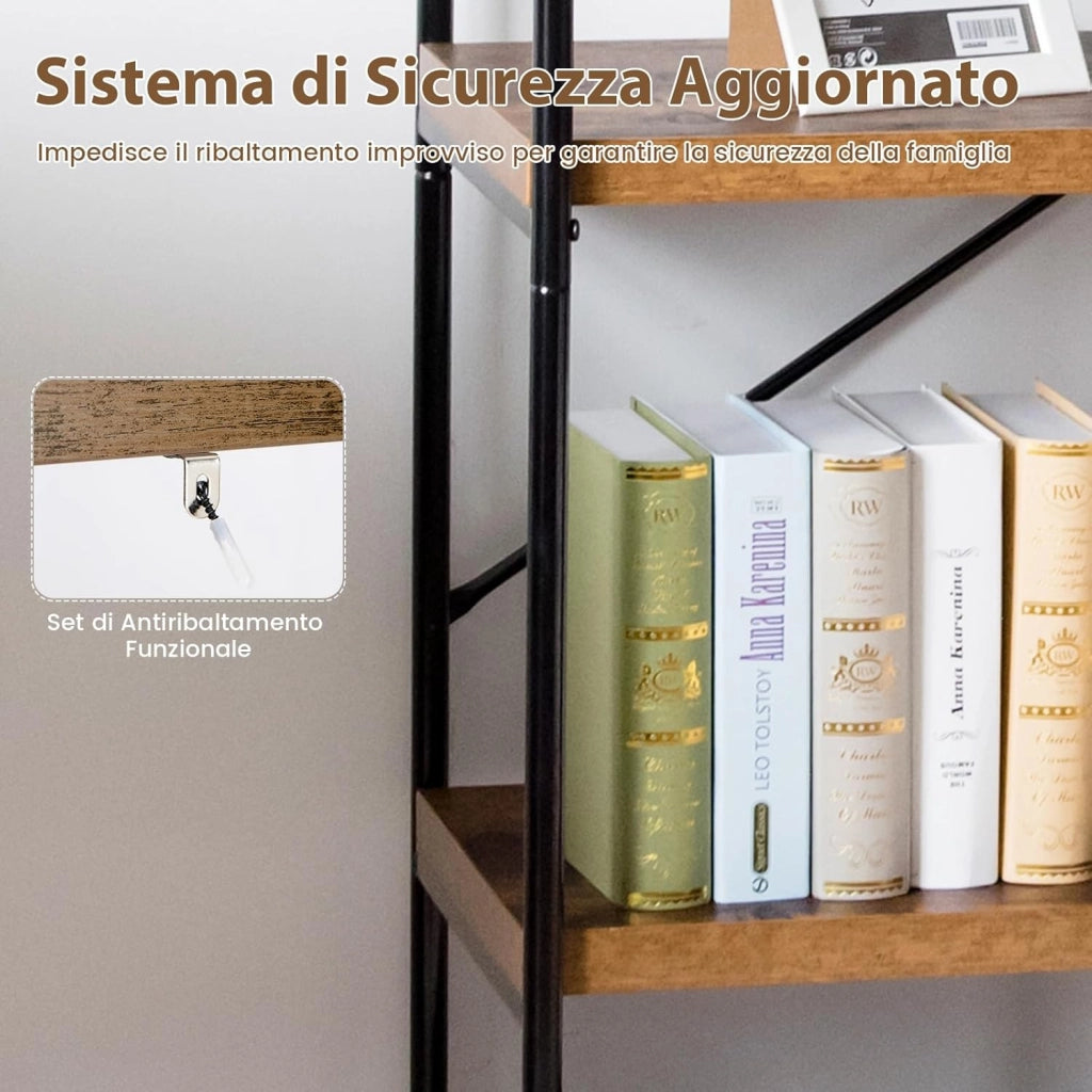 Libreria a 5 Piani, Scaffale Industriale in Legno con Struttura in Metallo, Aste di Sostegno a X Dispositivo Antiribaltamento, per Soggiorno Ufficio, 79x35x160 cm (Marrone)