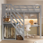 Letto a soppalco 90x200 cm con scrivania; scale contenitore e LED; grigio