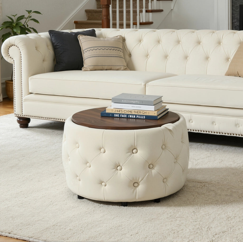 Set di 2 pouf contenitore rotondi in velluto beige 4 in 1