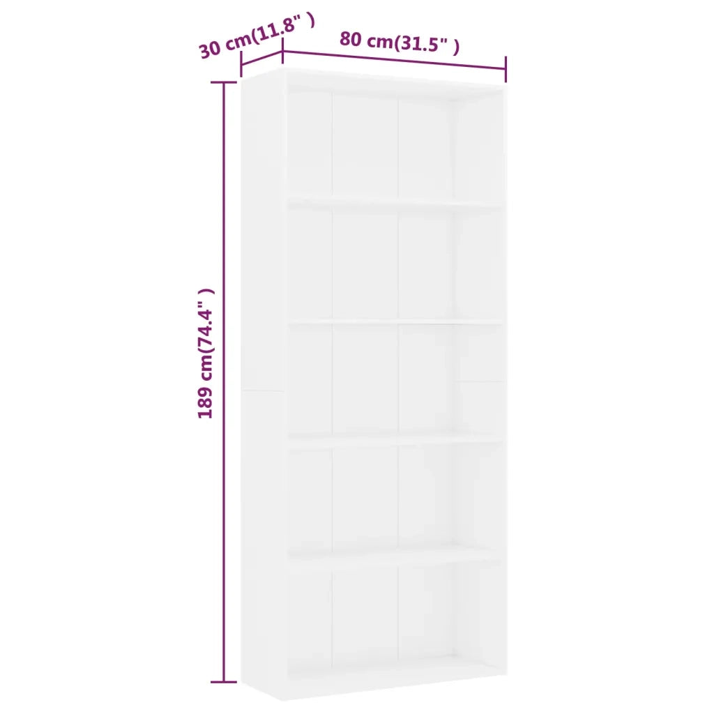 Libreria a 5 Ripiani-Scaffale per Libri-Mobile di Stoccaggio Bianca 80x30x189 cm in Legno Multistrato