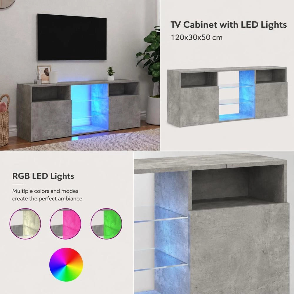 TV Cabinet With LED Lights, Concrete Grey, 120 X 30 X 50 Cm