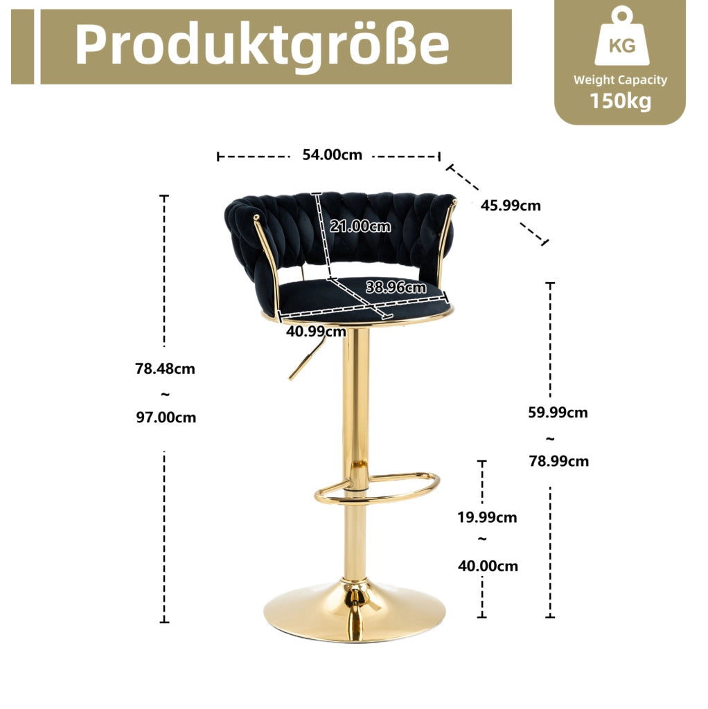 Set di 2 sgabelli da bar girevoli a 360° e regolabili in altezza; velluto nero; base dorata