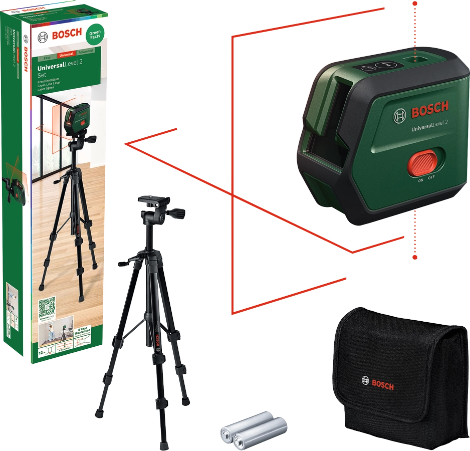 Bosch UniversalLevel 2 0603663F01 – Livella Laser a Croce con Autolivellamento, Raggio 12 m e Treppiede Incluso