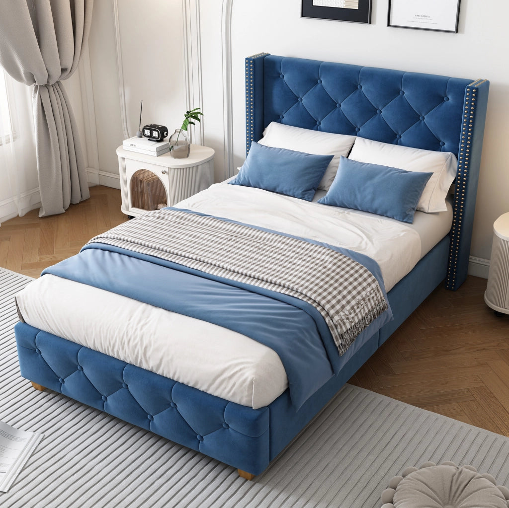 LETTO imbottito 90x200 cm in velluto blu con rete a doghe