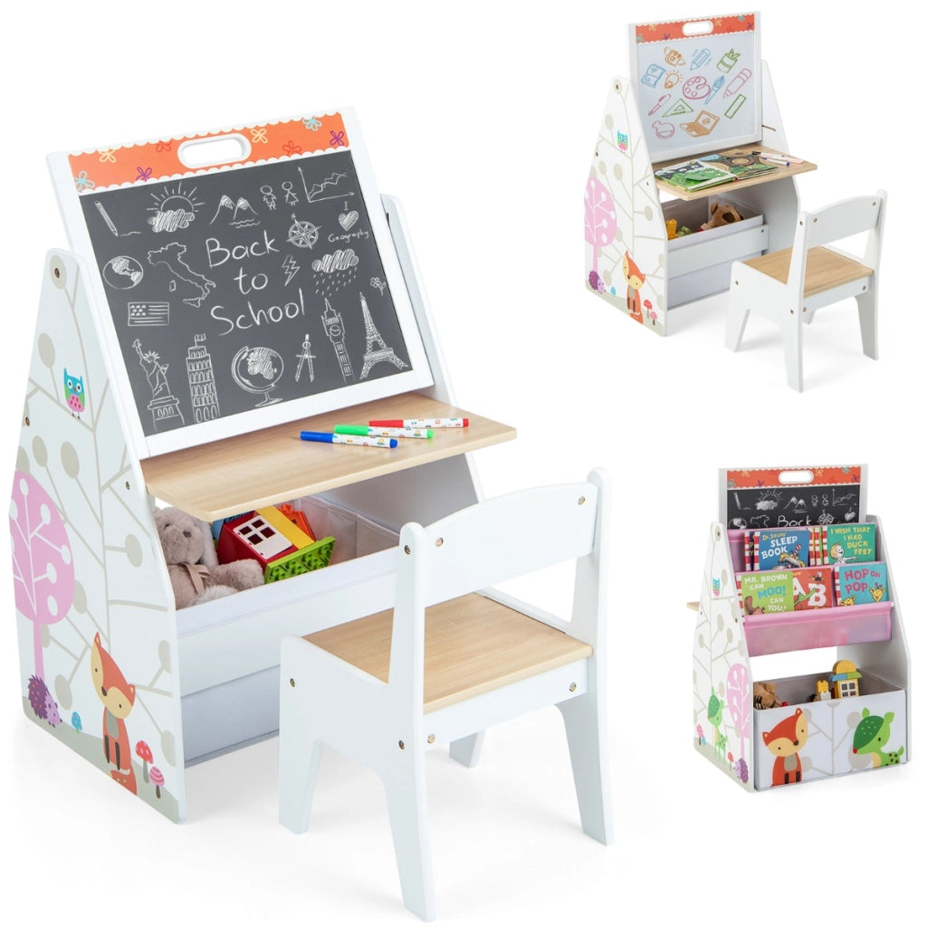Doppio lato cavalletto per bambini e stazione di gioco-Set tavolo e sedia con lavagna bianca e lavagna magnetica Bianco