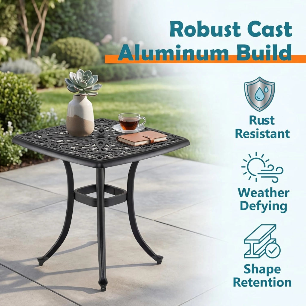 Tavolo da giardino con foro per ombrellone e motivo floreale decorativo, in alluminio pressofuso resistente alle intemperie, per gazebo, balcone e cortile, 54 x 54 x 53 cm