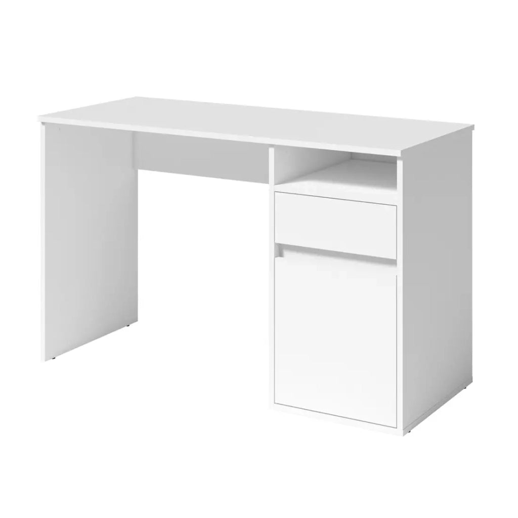 Scrivania BILOU bianca – 1 cassetto, 1 porta e 2 vani – Design pulito e luminoso per camera da bambino