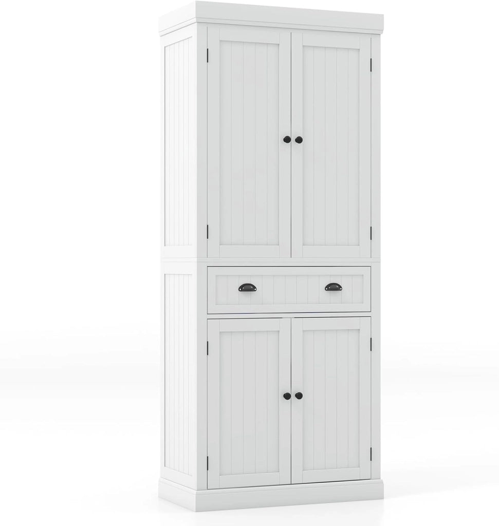 Credenza Alta da Cucina 183,5 cm, Armadio Alto a Buffet in Legno, Mobile Cucina Dispensa con Ripiani Regolabili e Cassetto, per Soggiorno, Sala da Pranzo, 76 x 40 x 183 cm (Bianco)