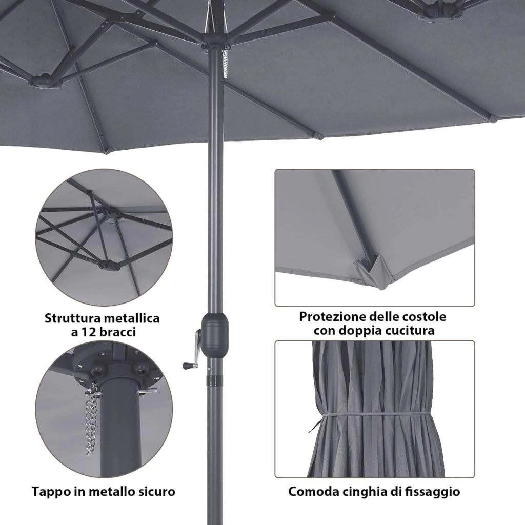 Ombrellone da Giardino Doppio 470 cm, Ombrello per Esterno con Manovella e 12 Stecche, Ombrello Rettangolare Pieghevole, per Giardino Piscina Terrazza, 470 x 280 x 245 cm (Grigio)