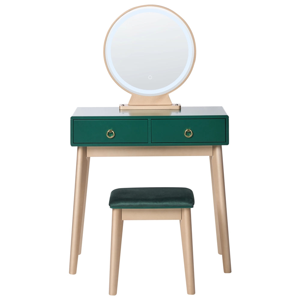 Toeletta in legno MDF e poliestere verde e dorata con sgabello e specchio LED camera da letto soggiorno