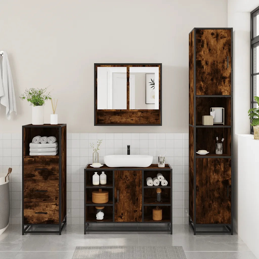 Set Mobili da Bagno 3 pz Rovere Fumo in Legno Multistrato