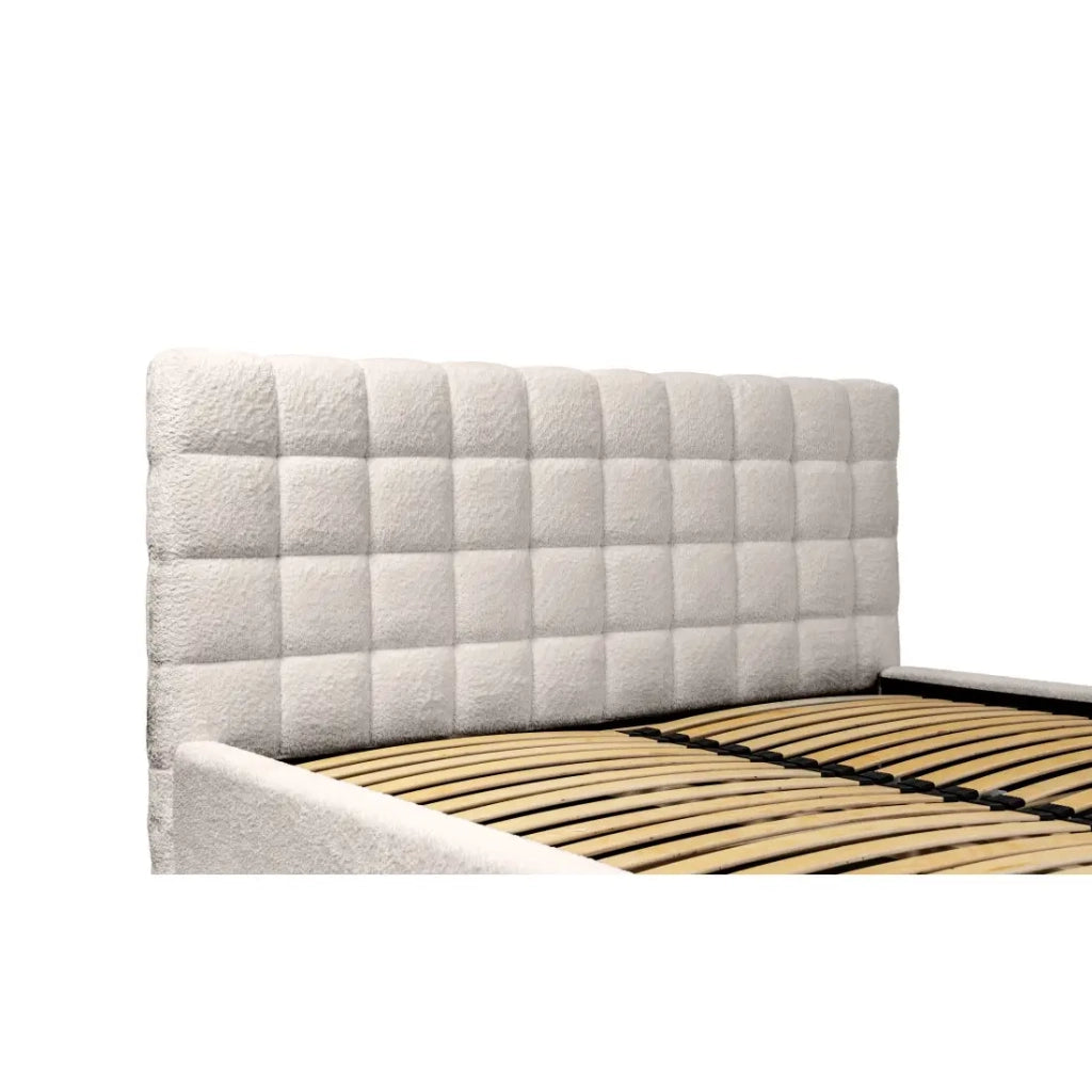 Letto MILLIO – Crema – 140x200 cm – Tessuto bouclé di ciniglia – Rete inclusa – Comfort hotel 5 stelle