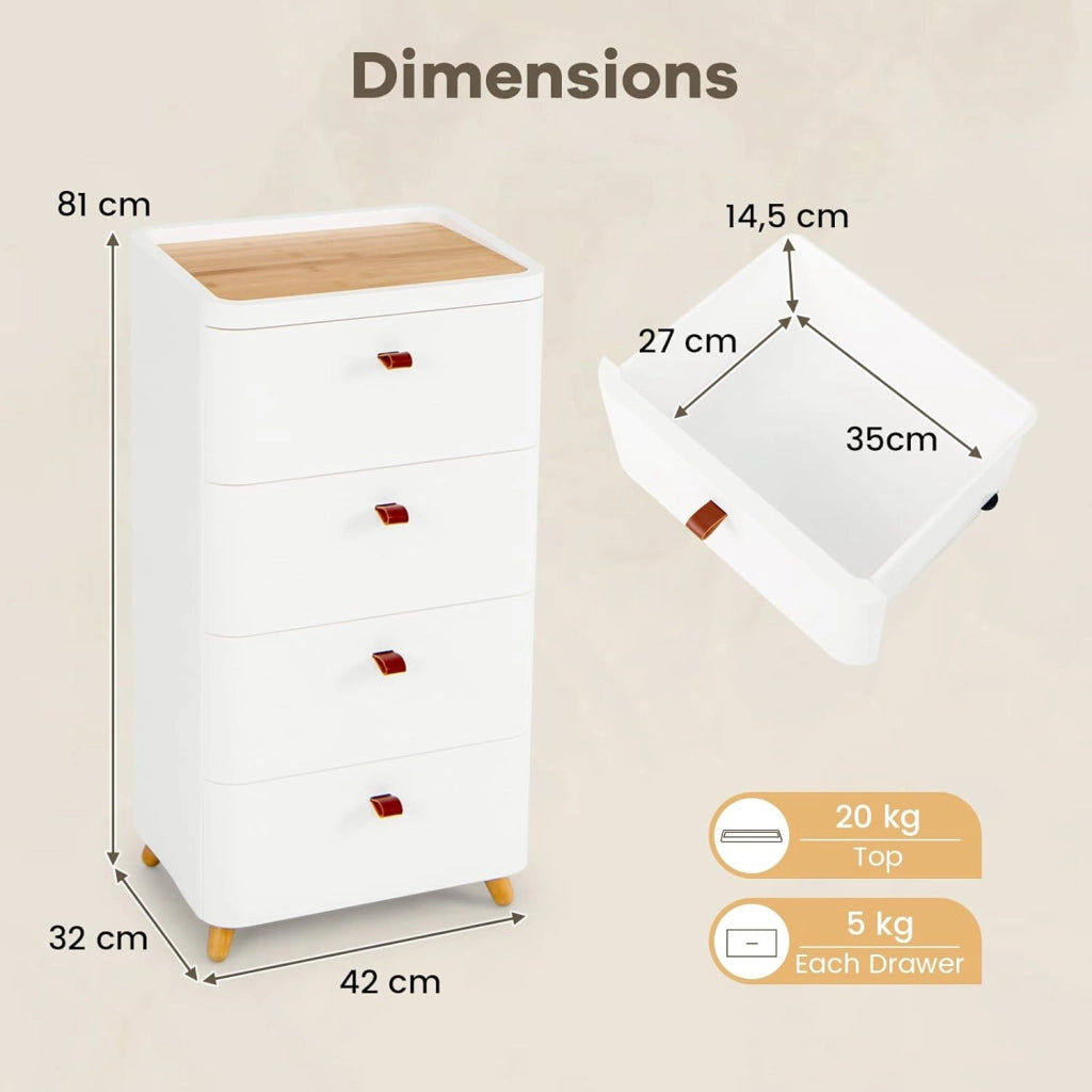 Cassettiera con 4 cassetti, cassettiera con vassoio portaoggetti rimovibile e gambe in legno, piccolo armadietto multiuso, bianco, 42 x 32 x 81 cm