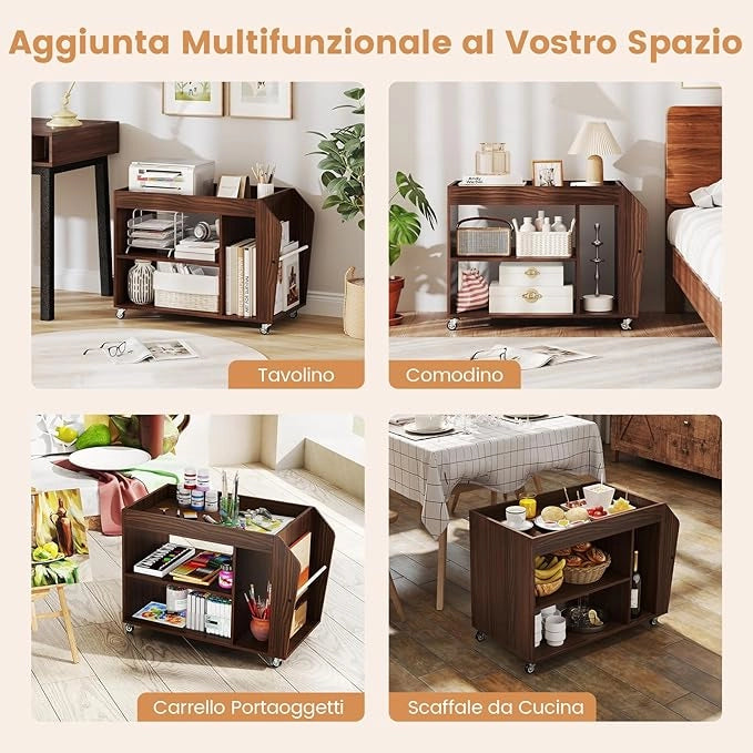 Tavolino da Salotto a 3 Ripiani con Ruote, Tavolino Caffè Laterale in Legno per Soggiono e Studio, Mobile Porta Stampante per Casa e Ufficio, 76 x 39,5 x 55 cm, Noce