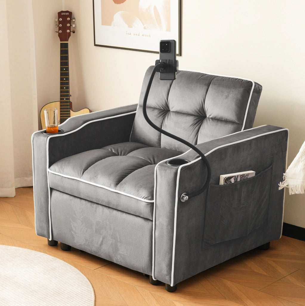 Poltrona letto estraibile 3 in 1 in velluto grigio scuro