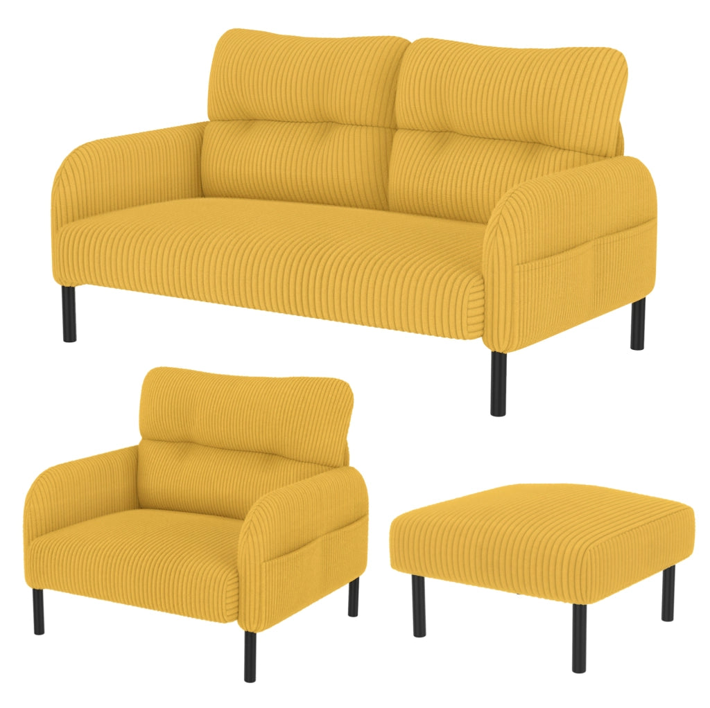 Set divano; poltrona e pouf con tasca laterale in corduroy giallo