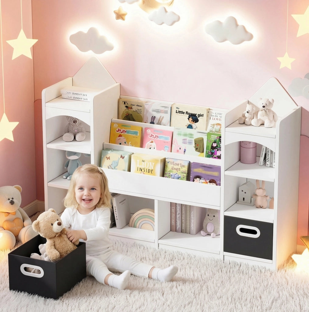 Libreria contenitore per bambini bianca con 2 box pieghevoli