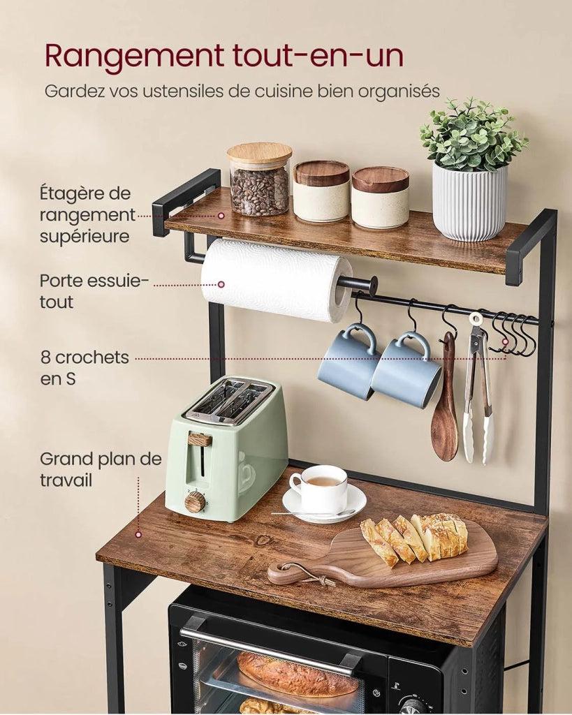 Mensola da cucina con multipresa bancone da caffè a 4 ripiani con ripiano regolabile supporto per microonde portarotolo di carta 40 x 60 x 140 cm marrone 12_0005659