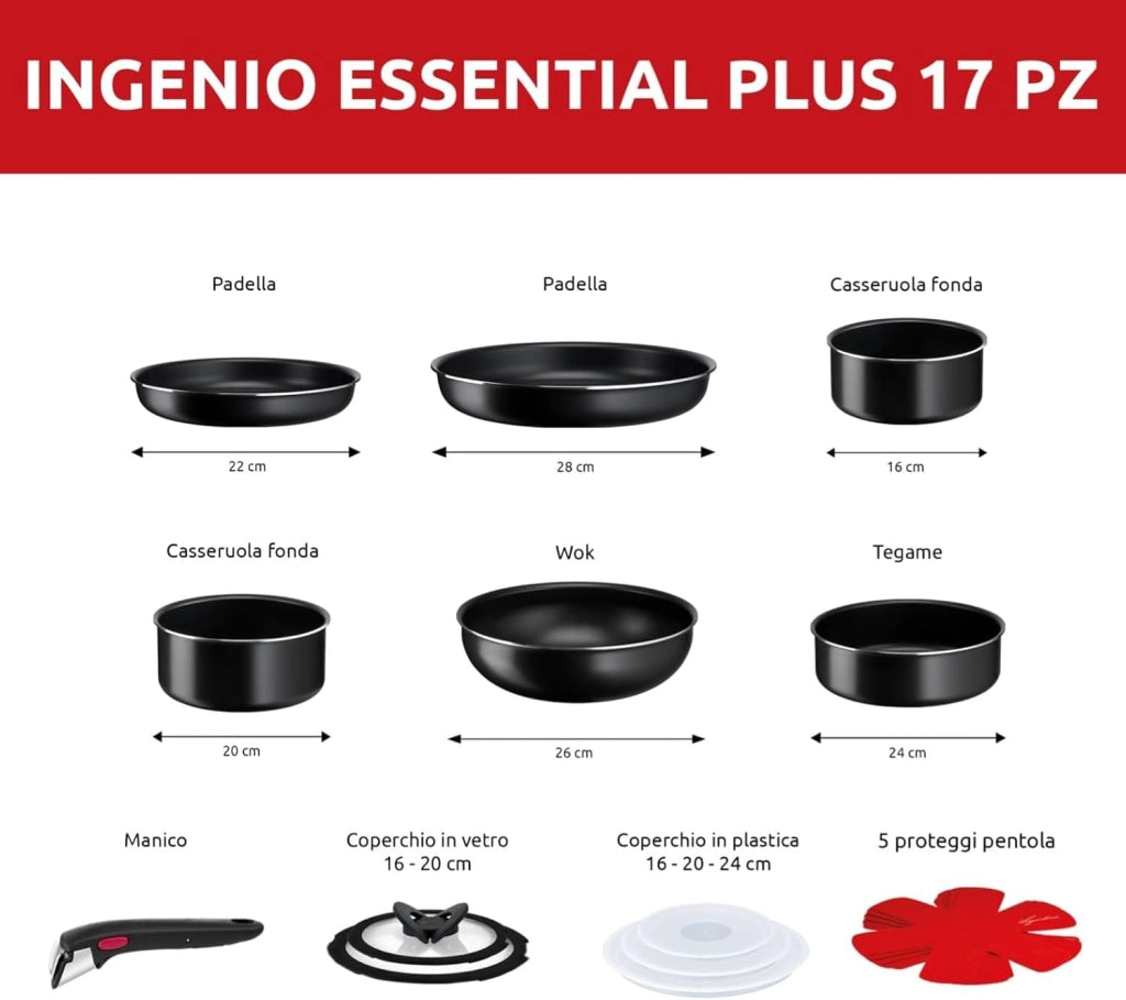Lagostina Ingenio Essential Plus Set di Pentole, Alluminio per Gas e Forno (no induzione), 17 Pezzi, 2 Casseruole Fonde, 2 Padelle, Tegame, Wok, 5 Coperchi, 5 Proteggi Padella e Manico Removibile