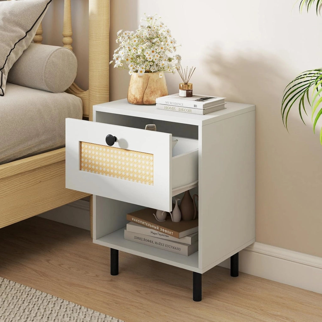 Comodino Camera da Letto con Cassetto Ampio, Scomparto Aperto e Gambe in Metallo, Mobile Laterale con 2 Dispositivi Antiribaltamento, Struttura Elegante per Libri (40 x 30 x 52 cm,1)