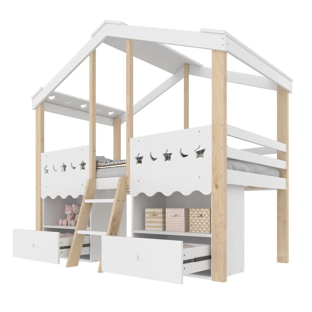 Letto alto a forma di casa bianco e naturale in pino con funzione LED e 2 cassetti 90x200 cm