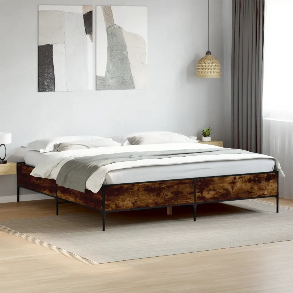Letto matrimoniale | Letto per adulti | Giroletto Rovere Fumo 200x200 cm in Legno Multistrato e Metallo
