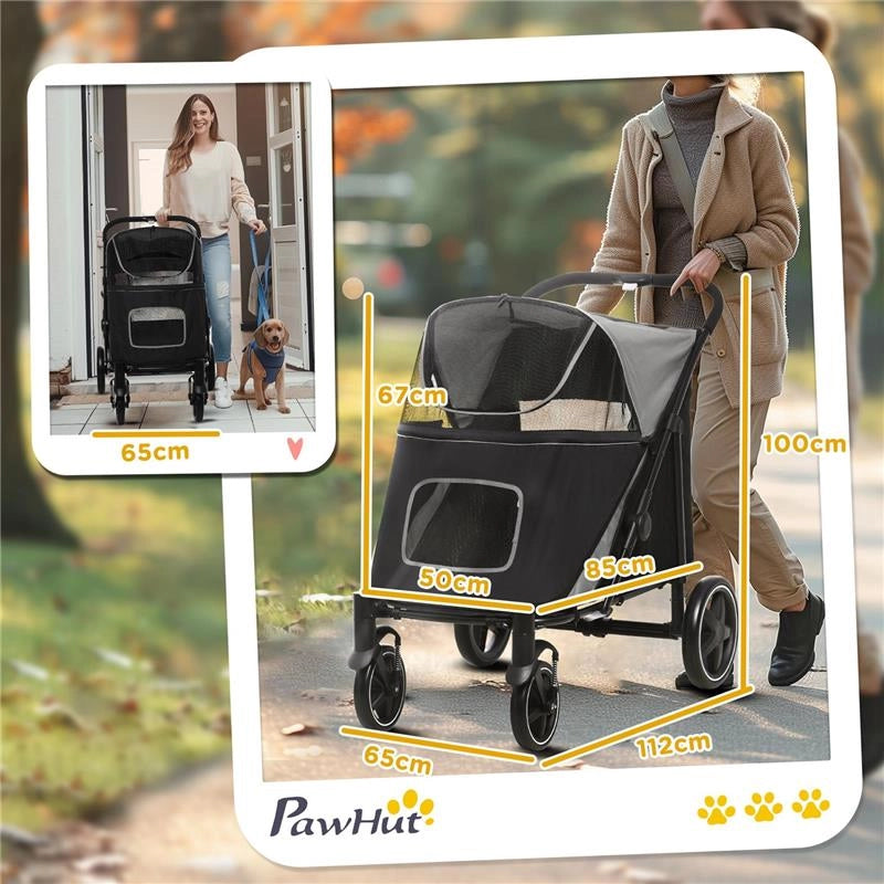 PASSEGGINO PER CANI PIEGHEVOLE CON INGRESSI A CERNIERA E FINESTRE A RETE 112X65X100 CM GRIGIO SCURO E NERO