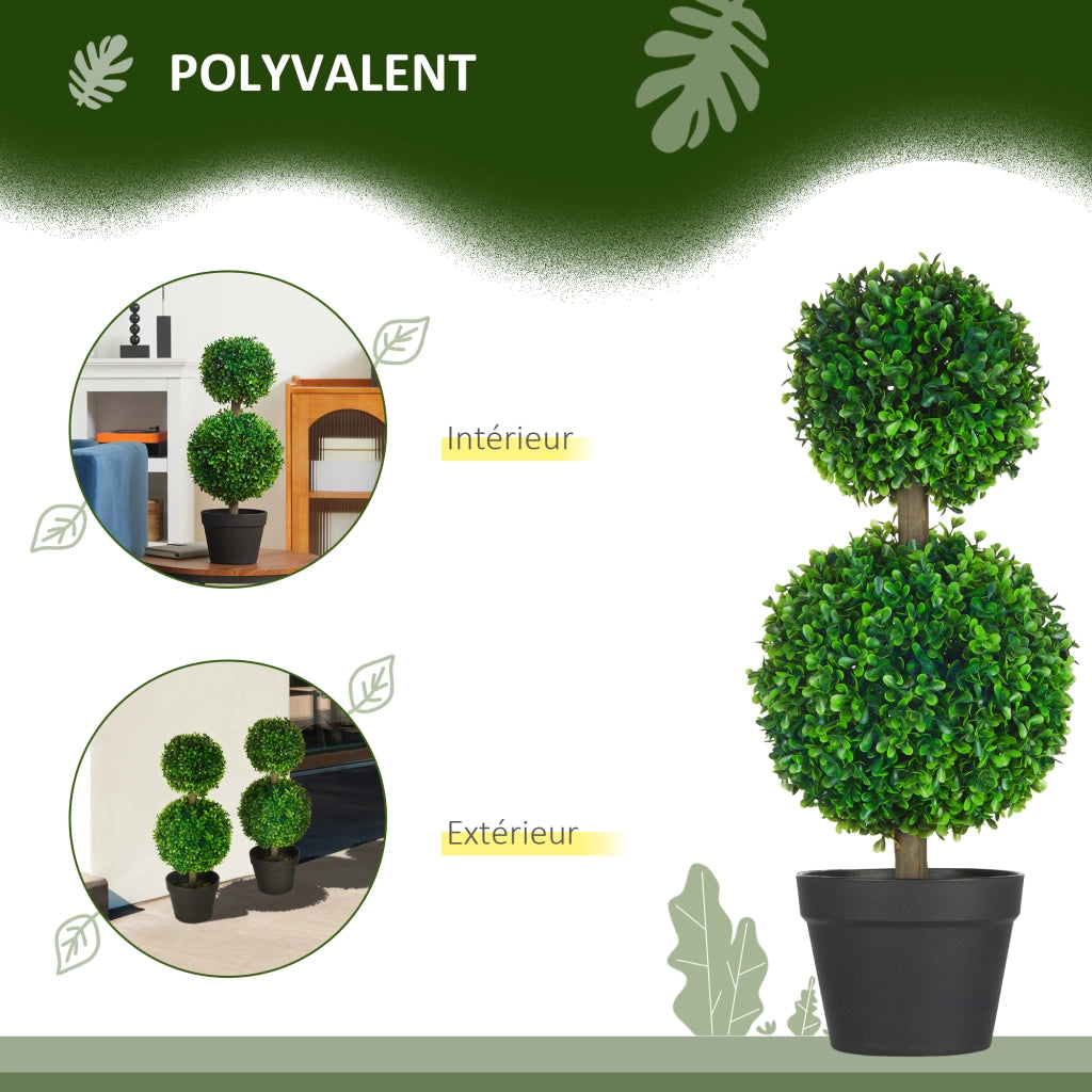 Set da 2 Bosso Artificiale a Doppia Sfera con Tronco e Vaso, Piante Finte Altezza 60 cm, Verde per Interno ed Esterno