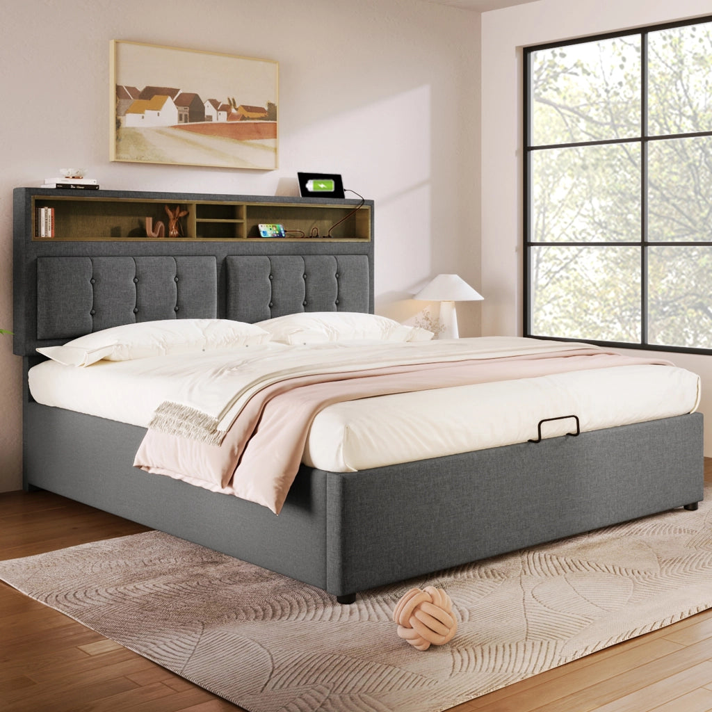 Letti contenitori 160x200 cm; testiera regolabile con USB e prese; lino grigio (Senza materasso)
