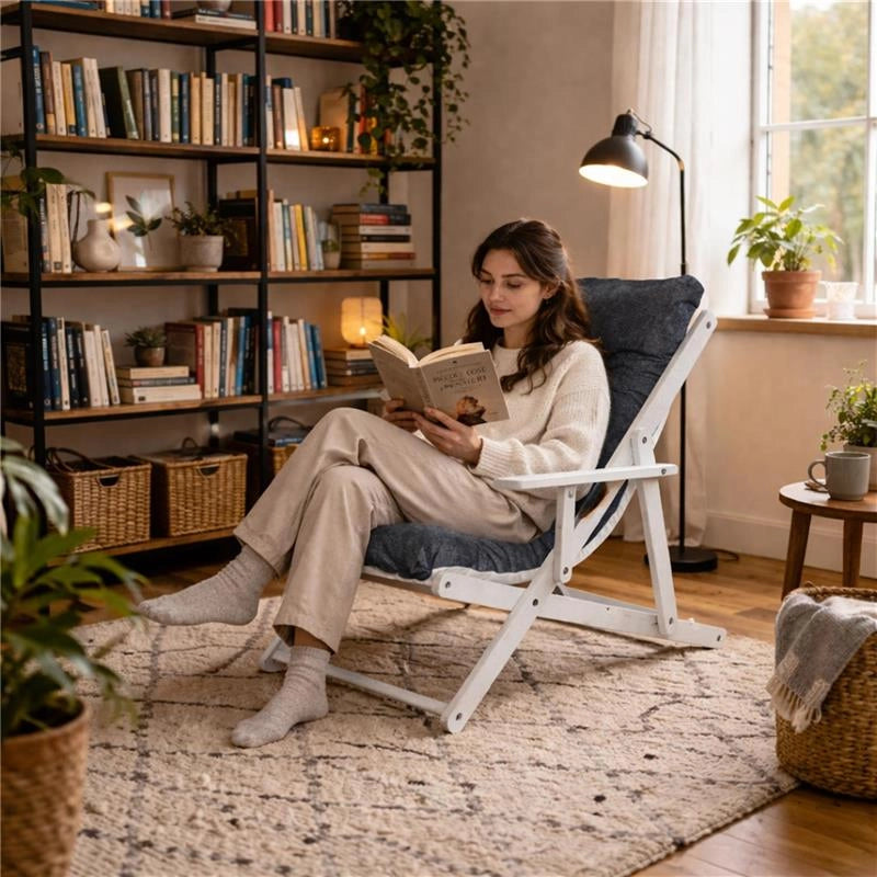POLTRONA RELAX COMODONA IN LEGNO TELAIO BIANCO ANILINA E TESSUTO BLU JEANS 3 POSIZIONI