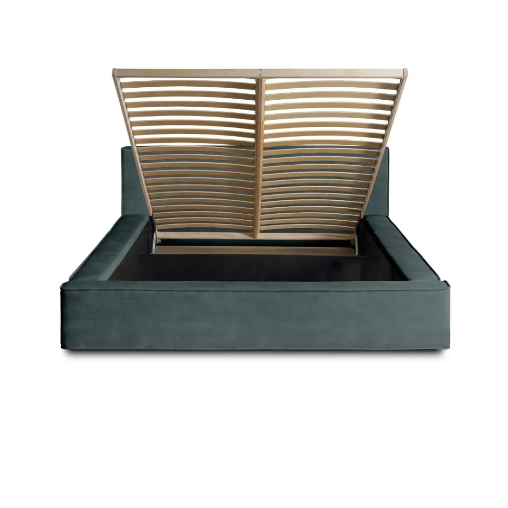 Lit coffre VELORA – Verde smeraldo – 160x200 cm – Tessuto velluto morbido – Rete sollevabile – Contenitore integrato