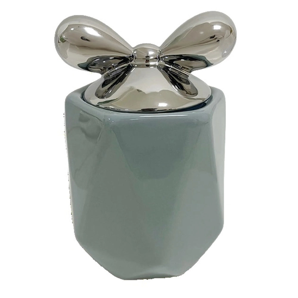 1 Pezzo Barattolo da Cucina in Porcellana con Fiocco Grigio e Argento 1100 ml