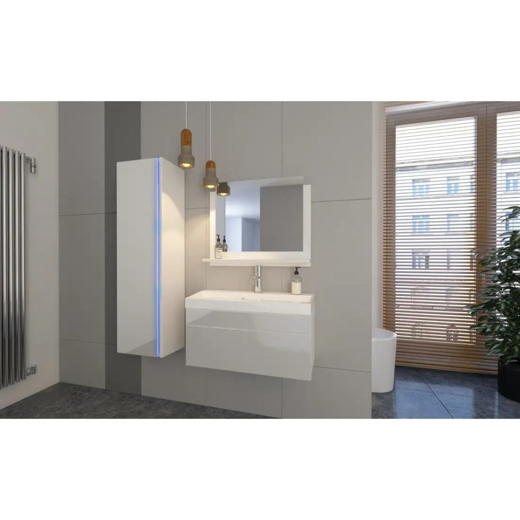 Set di mobili da bagno collezione BIRD, colori bianco opaco e lucido con una colonna
