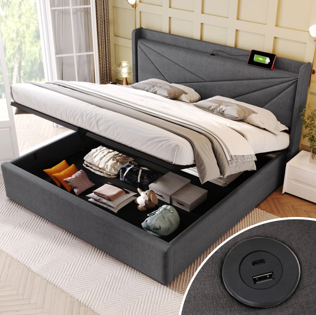 Letto matrimoniale 180x200 cm con contenitore; testiera con USB e Type-C; grigio in cotone e lino
