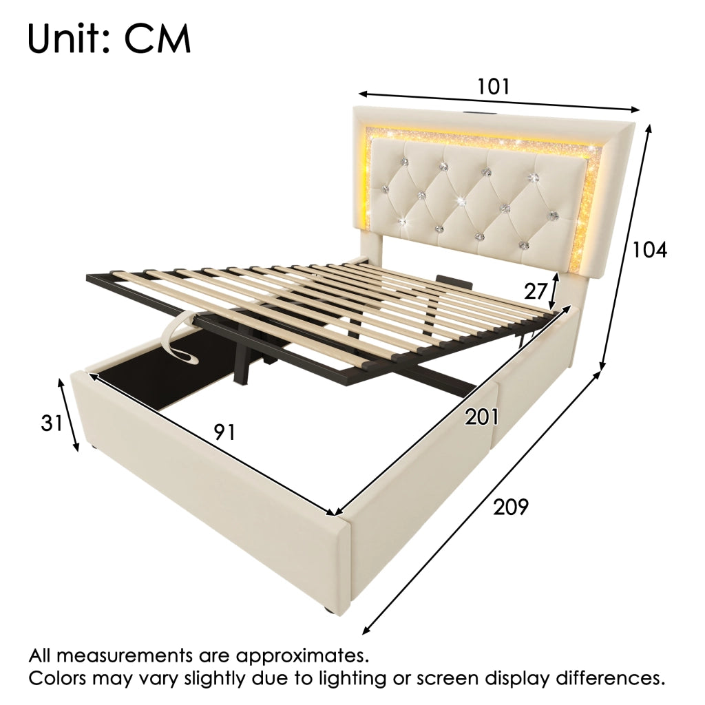 Letto imbottito idraulico con LED e USB 90x200 cm velluto beige
