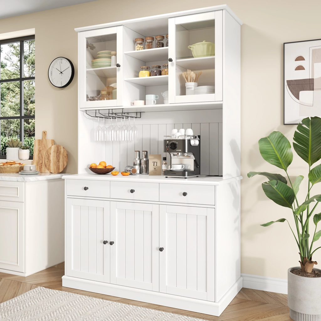 OKWISH Credenza Alta da Cucina con Ante in Vetro, 1 Cassetto, Mobile Inferiore, Portabicchieri e Prese, 120×40×191 cm