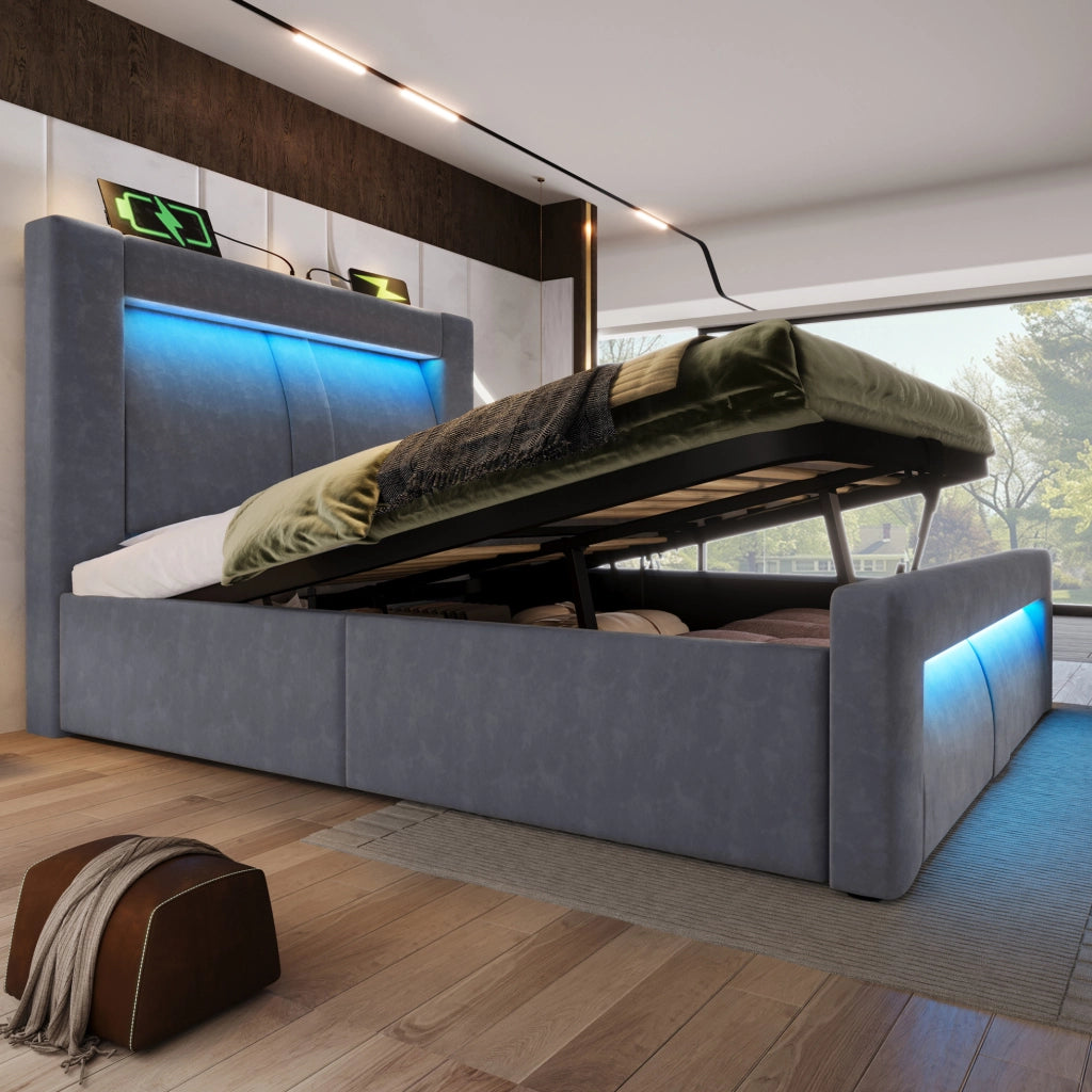 Letto singolo 90x200 cm con contenitore; LED; USB e Type-C; velluto grigio; con materasso