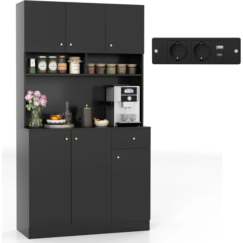 Armadio alto 181cm armadio da cucina con prese e porte usb-Credenza da Cucina-Ripiani regolabili in 3 posizioni Nero