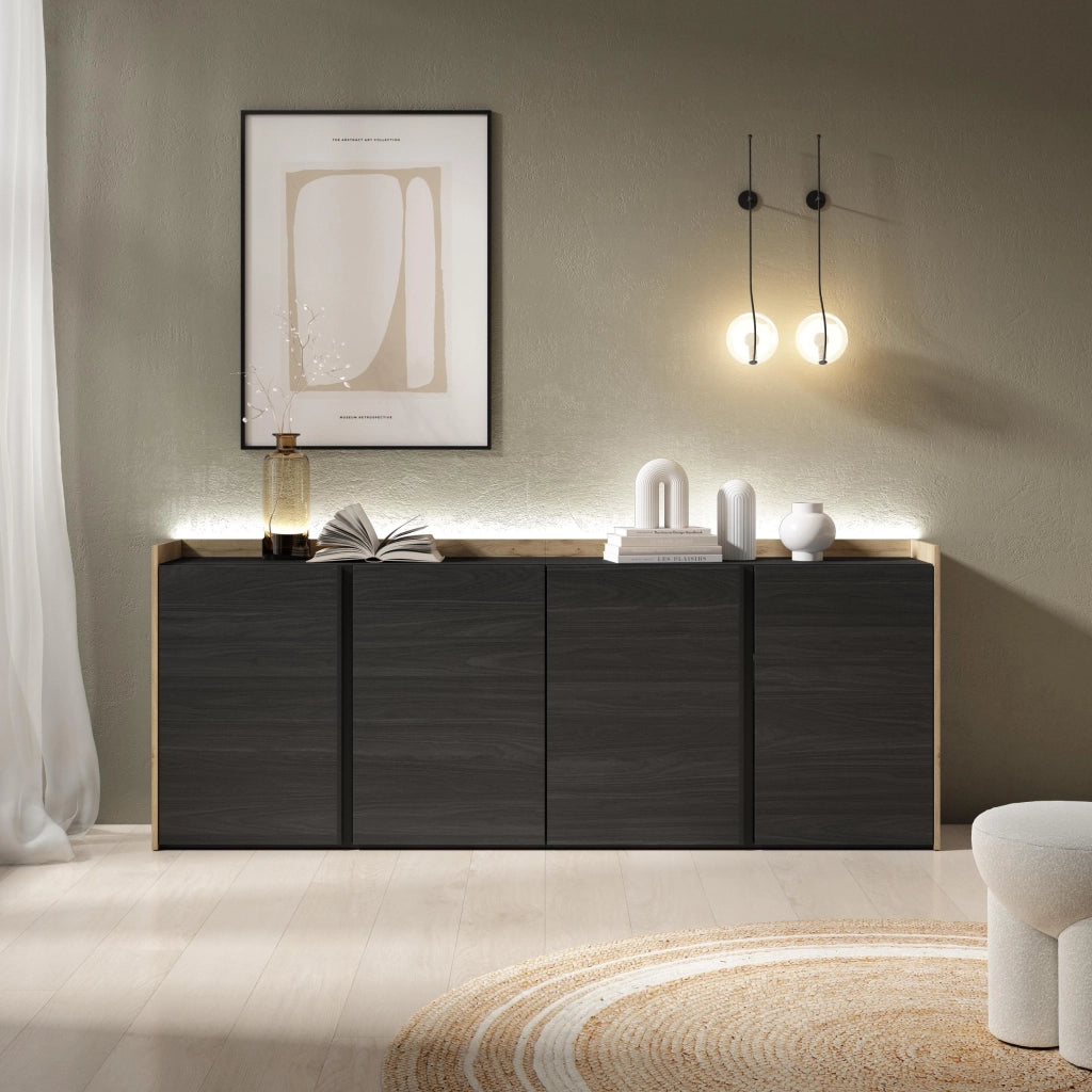Credenza, Mobile, Cucina, 207x80x35 cm, 4 Porte, LED, Nero e rovere