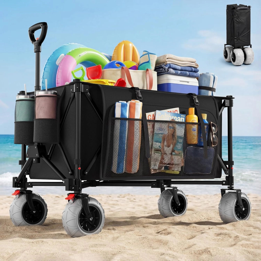 Carrello da Spiaggia Pieghevole 200L 150KG, Carrello Spiaggia per Tutti i Terreni con Ruote PU Extra Larghe 21.5x10 cm, Carretto Pieghevole Maniglia Regolabile 90° per Spiaggia, Campeggio(Nero)