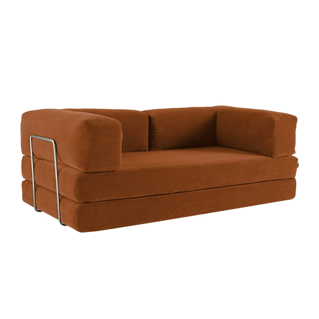 Divano letto futon in velluto a coste e struttura cromata, terracotta
