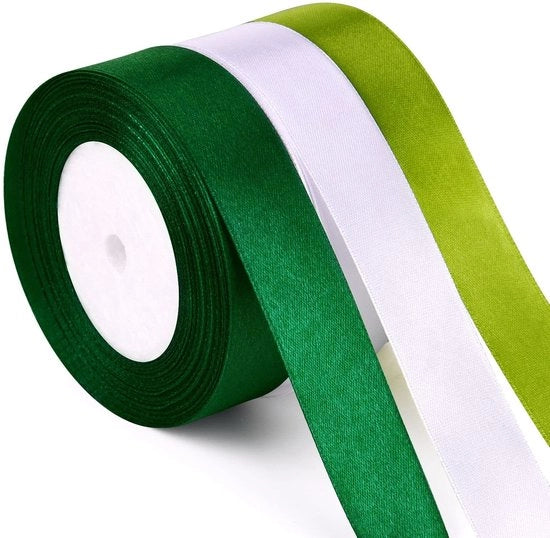 Set di Lint Satin - 3 Rotoli - Verde Scuro/Verde Erba/Wit - 2,5 cm - 22 Metri - Adatto per Decorazione/Packaging di Regalo - Lint Decorativo