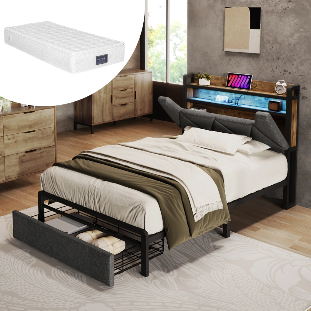 LETTO Contenitore 90x200 cm Lino Grigio con materasso incluso, testiera con vani