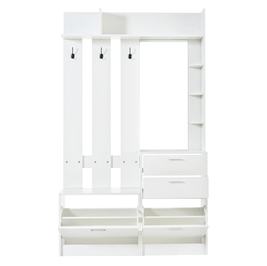 Mobile ingresso multifunzione con specchio; 2 cassetti; 2 scarpiere ribaltabili; MDF bianco 110x34x185 cm
