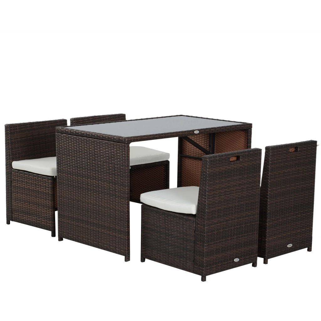 Set salotto da giardino 5 pezzi in polyrattan marrone con cuscini; tavolo e sedie pieghevoli