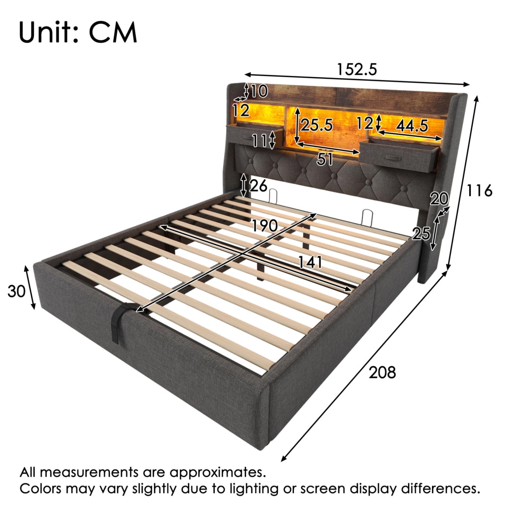 Letto contenitore 140x190 cm con LED, testiera con ricarica USB/Type-C e rete