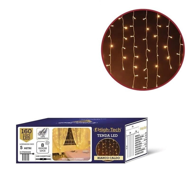 HIGH-TECH NATALE TENDA  LUMINOSA 160 LED BIANCO CALDO MT 2X2 - 8 GIOCHI DI LUCE CAVO TRASPARENTE DA 5 MT 8 STRINGHE