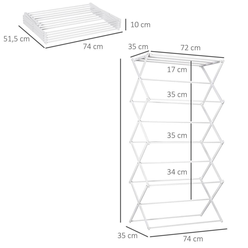 Stendibiancheria pieghevole a 8 livelli in metallo e ABS, bianco, 74x35x144 cm