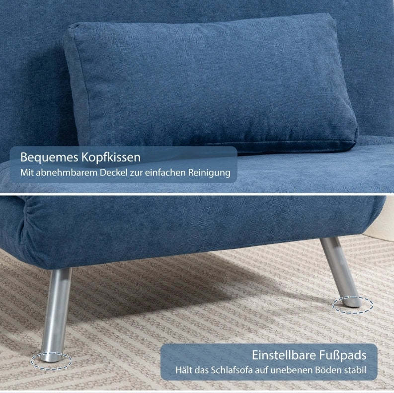 Poltrona letto pieghevole senza braccioli con rivestimento in tessuto blu e cuscino